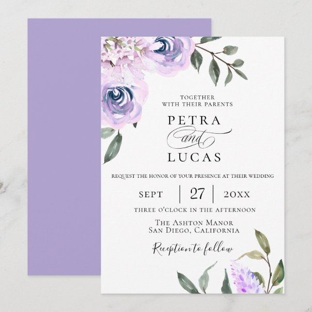 Invitación Elegante Boda botánico de Lavanda (Anverso / Reverso)