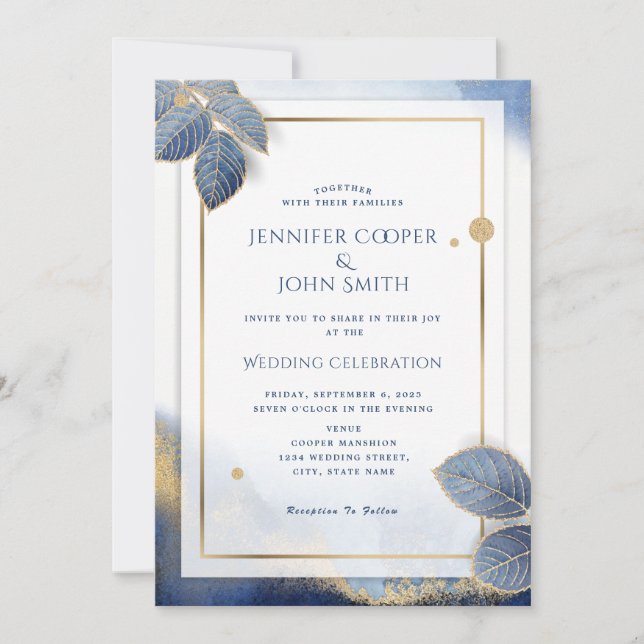 Invitación Elegante Boda Botánico de Mármol Azul de Oro (Anverso)