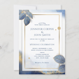 Invitación Elegante Boda Botánico de Mármol Azul de Oro