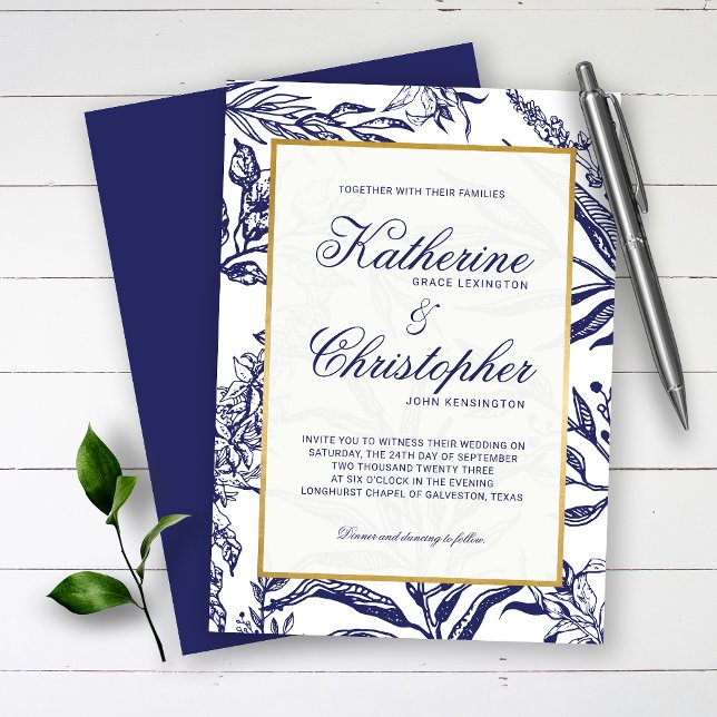 Invitación Elegante Boda botánico de oro azul de la Marina de (Subido por el creador)