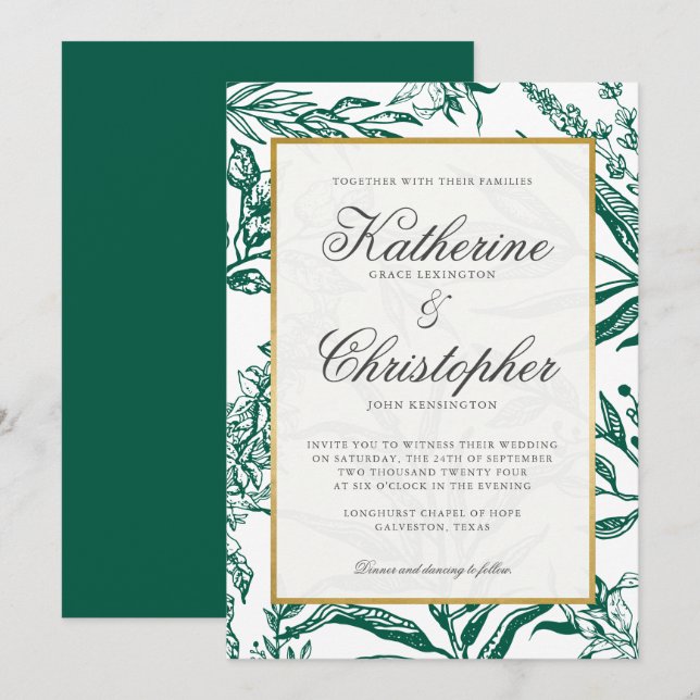 Invitación Elegante Boda botánico de oro verde oscuro (Anverso / Reverso)