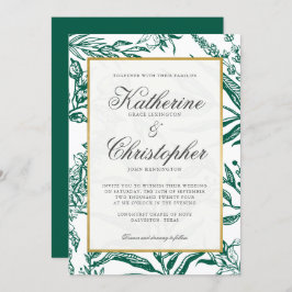 Invitación Elegante Boda botánico de oro verde oscuro