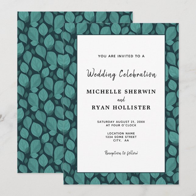 Invitación Elegante Boda botánico de patrón de hoja turquesa (Anverso / Reverso)