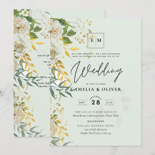 Invitación Elegante Boda botánico de rosas blancas todo en 1  (Anverso / Reverso)