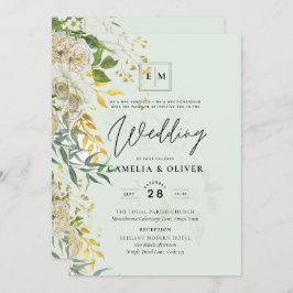 Invitación Elegante Boda botánico de rosas blancas todo en 1