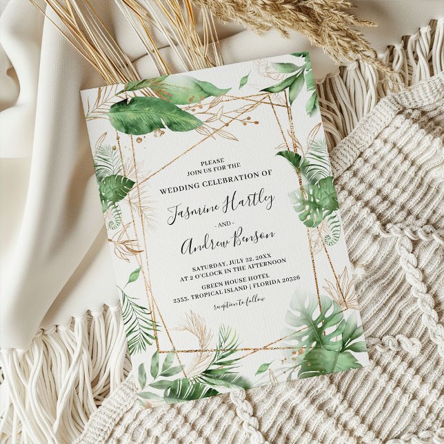 Invitación Elegante Boda botánico de verano y follaje de oro (Subido por el creador)