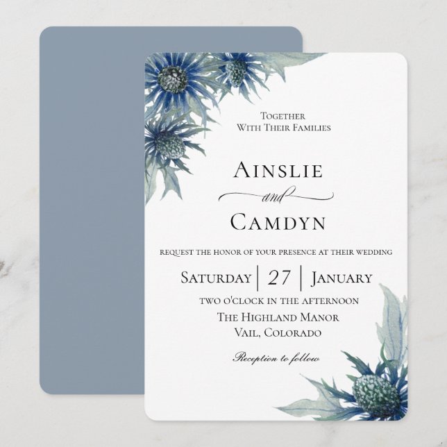 Invitación Elegante Boda botánico del cardo azul (Anverso / Reverso)