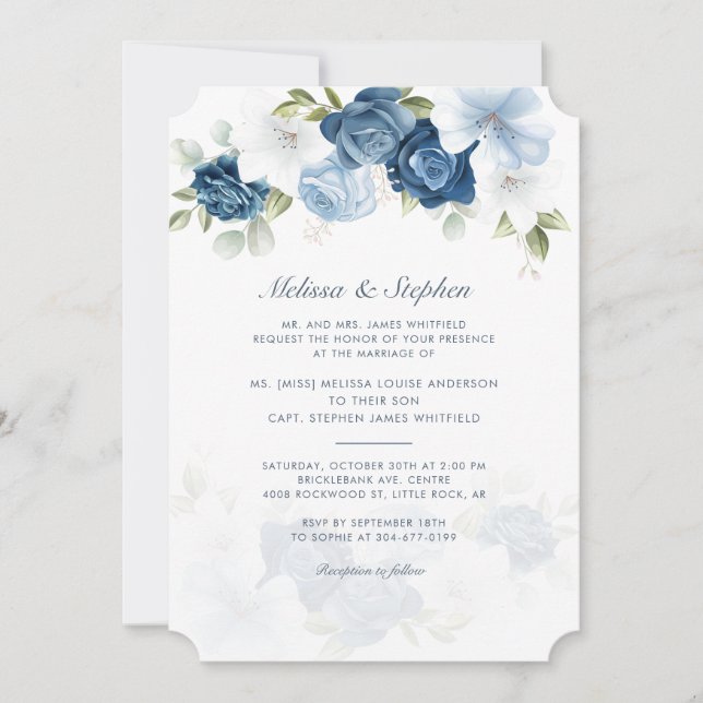 Invitación Elegante Boda Botánico Dusty Blue Floral (Anverso)
