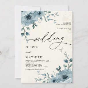 Invitación Elegante Boda Botánico Dusty Blue Floral