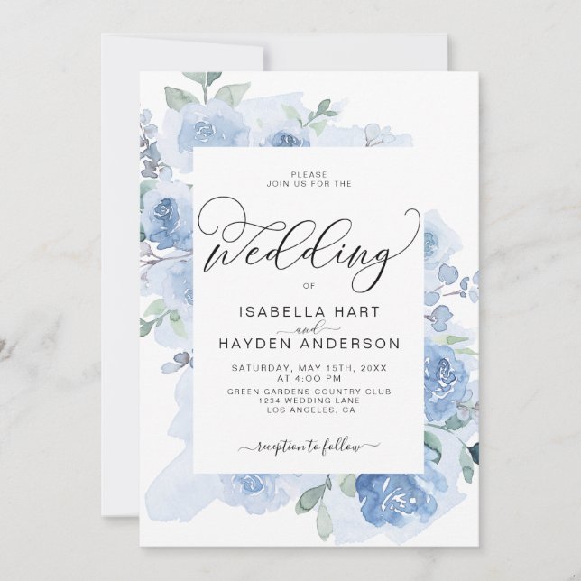 Invitación Elegante Boda Botánico Floral Azul Dusty Azul Clar (Anverso)