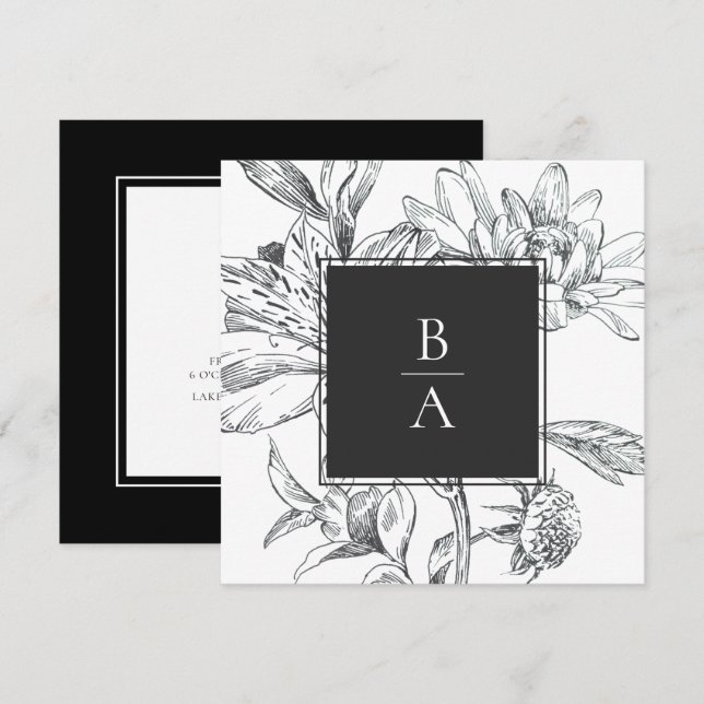 Invitación Elegante Boda Botánico Floral Blanco Negro (Anverso / Reverso)