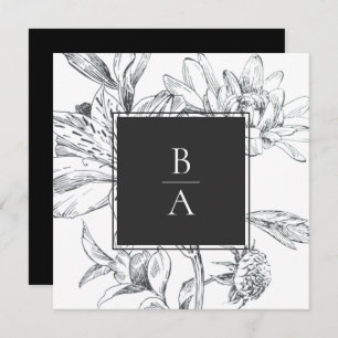 Invitación Elegante Boda Botánico Floral Blanco Negro