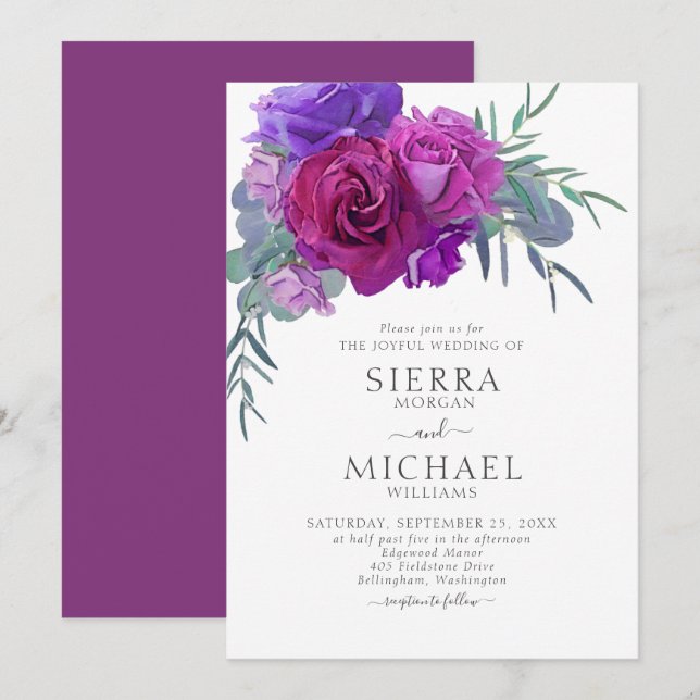 Invitación Elegante Boda Botánico Floral de color Púrpura (Anverso / Reverso)