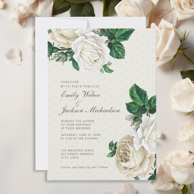 Invitación Elegante Boda Botánico Floral de Crema Blanca (Elegant white roses wedding invitation)