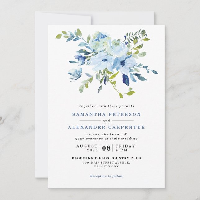 Invitación Elegante Boda Botánico Floral de la Marina Azul Cl (Anverso)