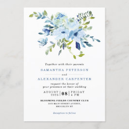 Invitación Elegante Boda Botánico Floral de la Marina Azul Cl