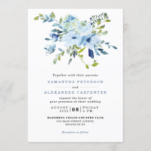 Invitación Elegante Boda Botánico Floral de la Marina Azul Cl