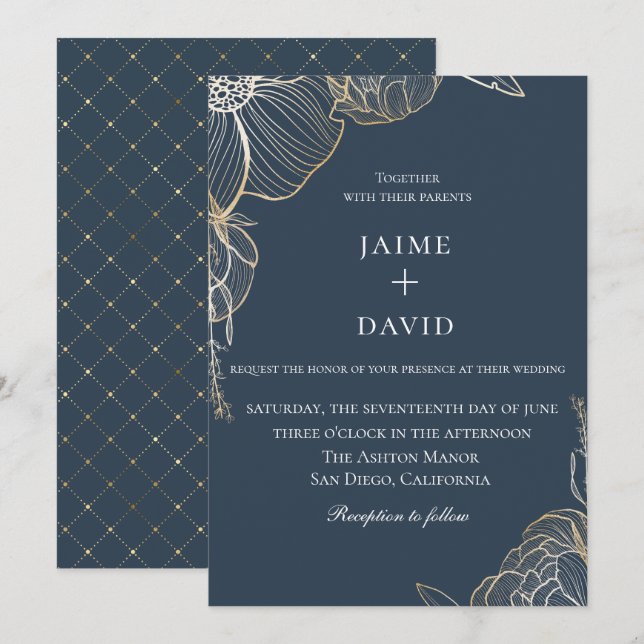 Invitación Elegante Boda Botánico Floral de Oro (Anverso / Reverso)