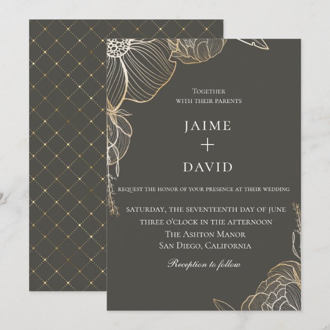 Invitación Elegante Boda Botánico Floral de Oro (Anverso / Reverso)