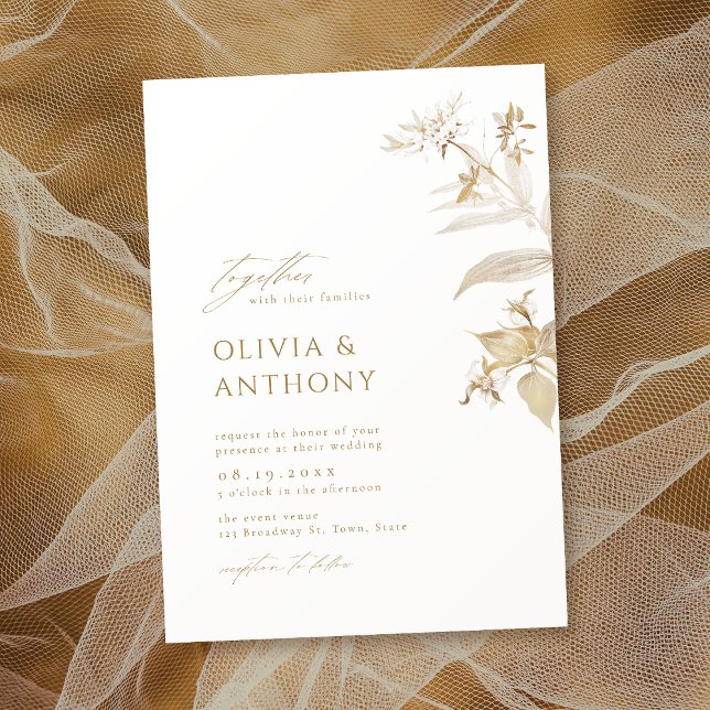 Invitación Elegante Boda botánico floral de oro moderno (Elegant Modern Gold Botanical Floral Wedding Invitation)