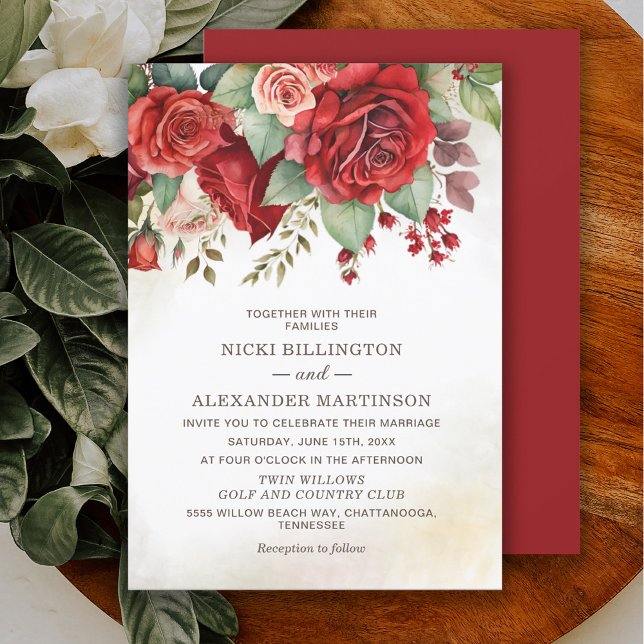 Invitación Elegante Boda Botánico Floral de Rosas Rojas Vinta (Vintage red roses floral botanical wedding invitation)