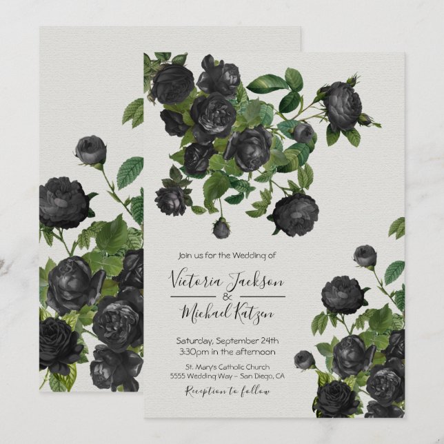 Invitación Elegante Boda Botánico Floral Negro (Anverso / Reverso)