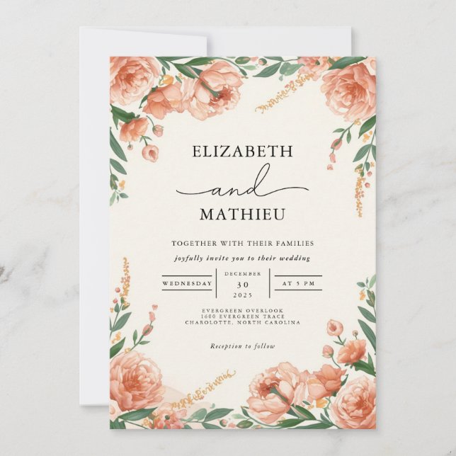 Invitación Elegante Boda Botánico Floral Peach (Anverso)