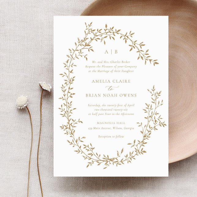 Invitación Elegante Boda botánico Leafy Wreath Gold Laurel (Subido por el creador)