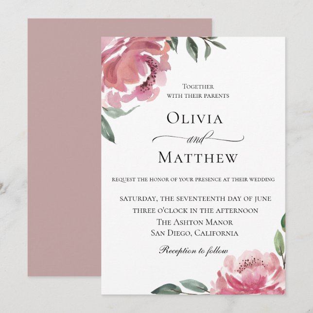 Invitación Elegante Boda Botánico Mauve (Anverso / Reverso)