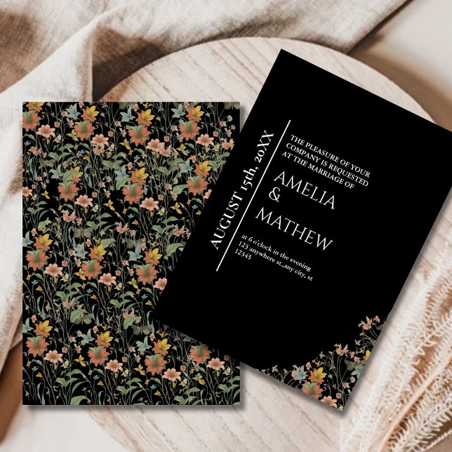 Invitación Elegante Boda botánico moderno floral negro (Subido por el creador)