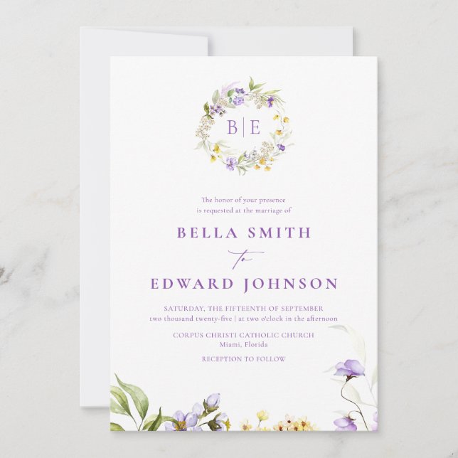 Invitación Elegante Boda botánico morado floral (Anverso)