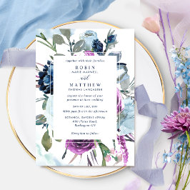 Invitación Elegante Boda botánico morado y floral azul