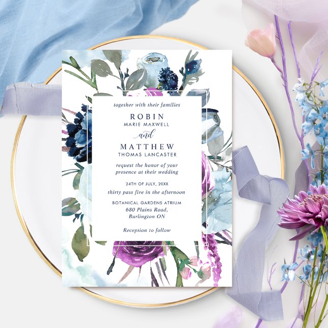 Invitación Elegante Boda botánico morado y floral azul (Subido por el creador)