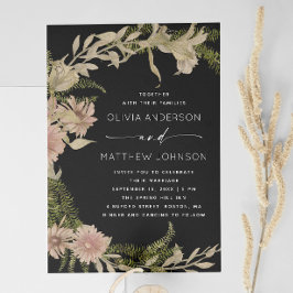 Invitación Elegante Boda Botánico Negro | Fern floral + QR
