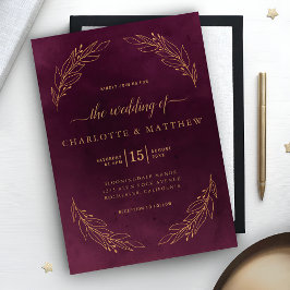 Invitación Elegante Boda Botánico Oscuro de Borgoña y Oro