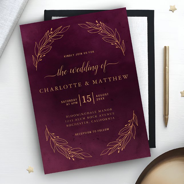 Invitación Elegante Boda Botánico Oscuro de Borgoña y Oro (Subido por el creador)