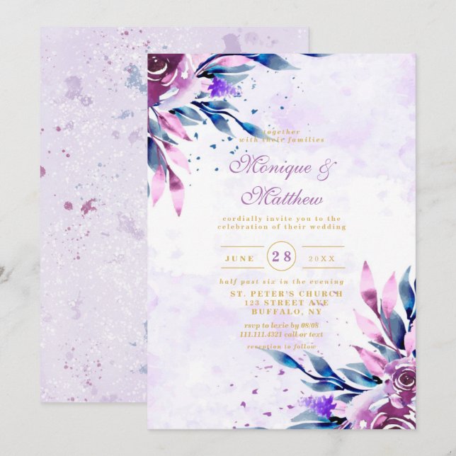 Invitación Elegante Boda Botánico Peony Gold Púrpura (Anverso / Reverso)