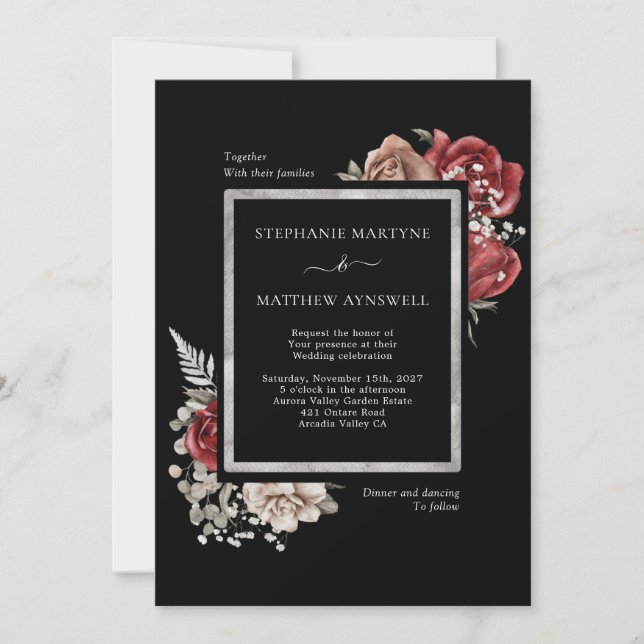 Invitación Elegante Boda Botánico Rosa Rojo Caída Negro (Anverso)