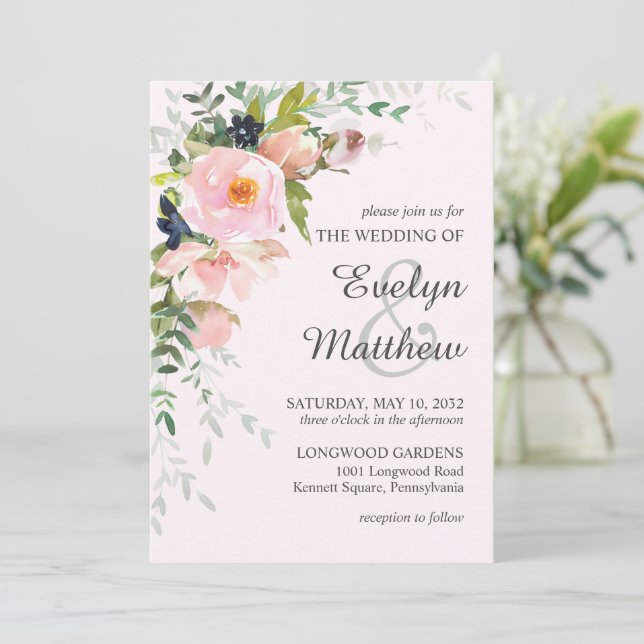 Invitación Elegante Boda botánico rosa rosa rosa de Rubor (Anverso de pie)