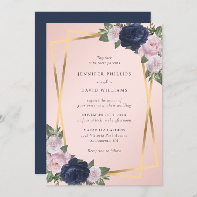 Invitación Elegante Boda botánico Rubor azul de la Marina de  (Anverso / Reverso)