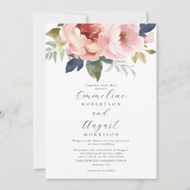 Invitación Elegante Boda botánico Rubor Pink Floral (Anverso)