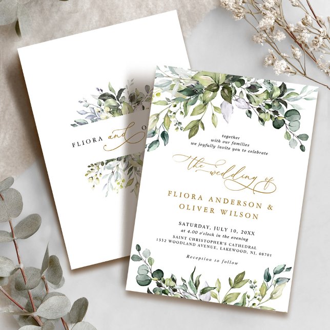 Invitación Elegante Boda Botánico Rústico de Verdor (Elegant Greenery Rustic Country Botanical Wedding Invitation)