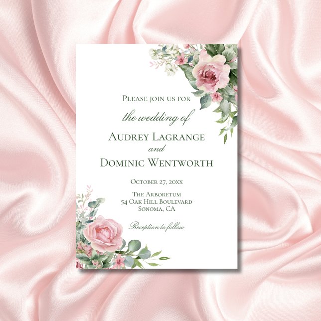 Invitación Elegante Boda Botánico Rústico Floral Rosa Rosa Ro (elegant floral wedding invitation with pink roses greenery for botanical garden themed weddings)