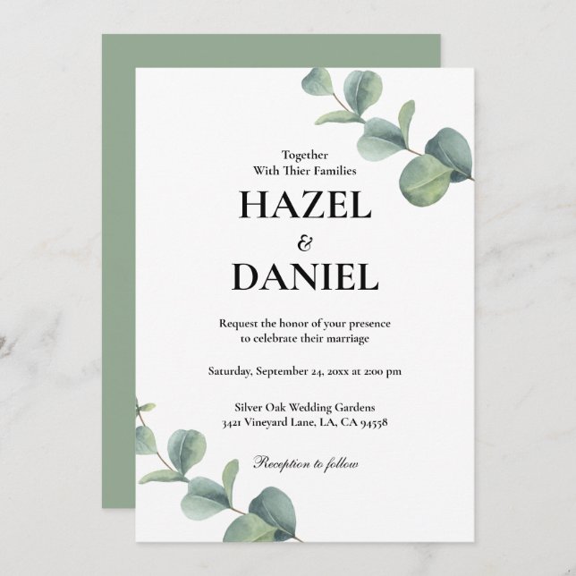 Invitación Elegante Boda Botánico Sage Green (Anverso / Reverso)