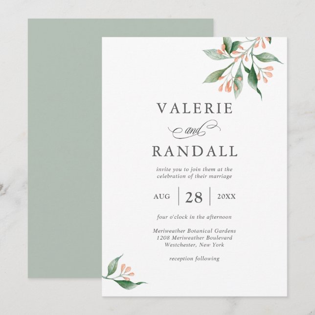 Invitación Elegante Boda Botánico Simple Acuarela (Anverso / Reverso)