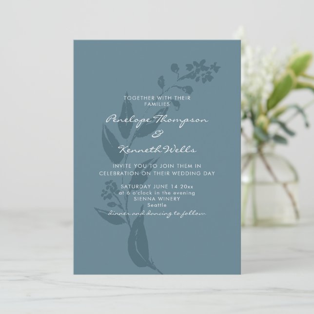 Invitación Elegante Boda botánico Verde azulado azul de la si (Anverso de pie)