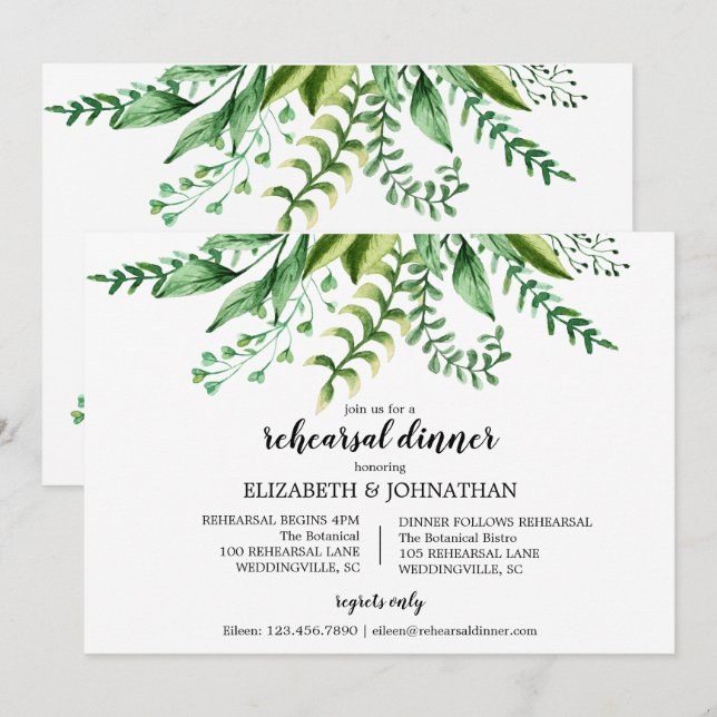 Invitación Elegante Boda Botánico Verde Ensayo Cena (Anverso / Reverso)