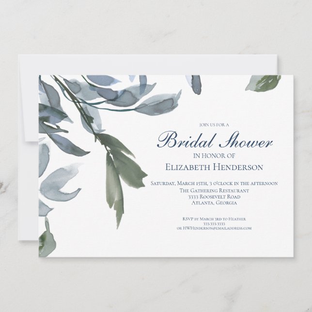 Invitación Elegante Boda Bridal Shower Floral Azul (Anverso)