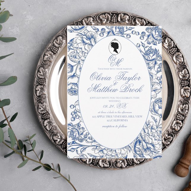 Invitación Elegante Boda Bridgerton de flores azules de la Ma (Subido por el creador)