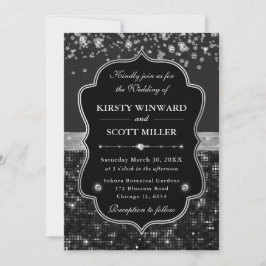 Invitación Elegante Boda Brillante con Brillo Negro y Platead
